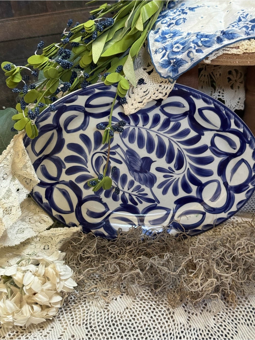 Blue and White Floral Oval Serveware Platter